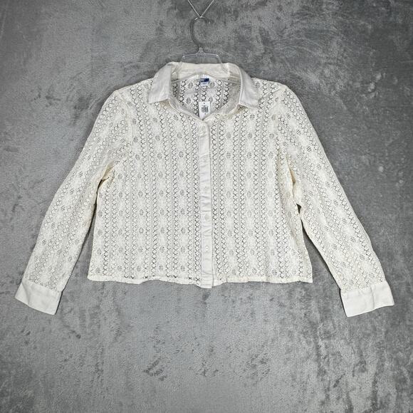 Old Navy Shirt Women Medium White Open Crochet Button Up Boho Neutral Minimalist - Picture 2 of 8